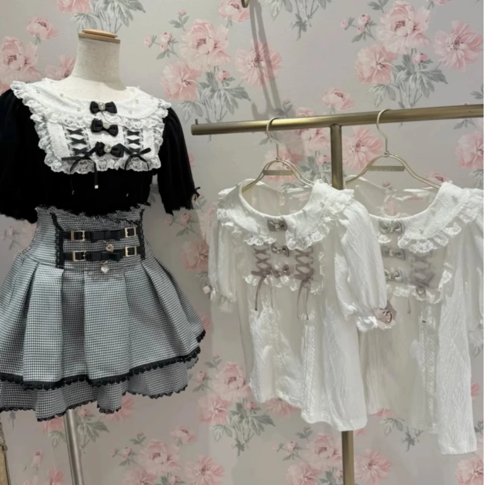 Estilo japonês mina produzido em massa doce bonito renda emenda grânulo boneca colar manga bolha arco versátil lolita camisas topos feminino