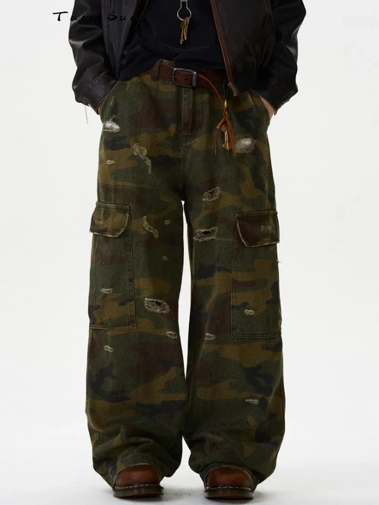 Tung Sung Vintage Camouflage Ripped Cargo Pants Casual Overalls Men's and Women's Harajuku Tactical Pants