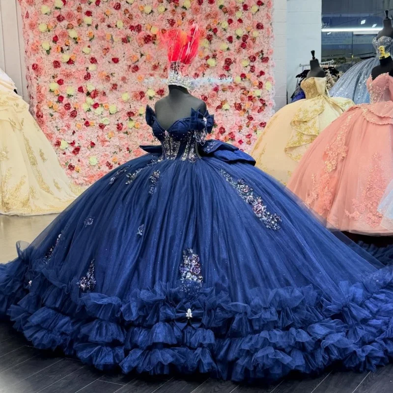 

Shiny dark blue Quinceanera Dress off-shoulder glitter Flower Decal Long tail layering Bow Vestidos De 15 Quinceanera ﻿Customiz
