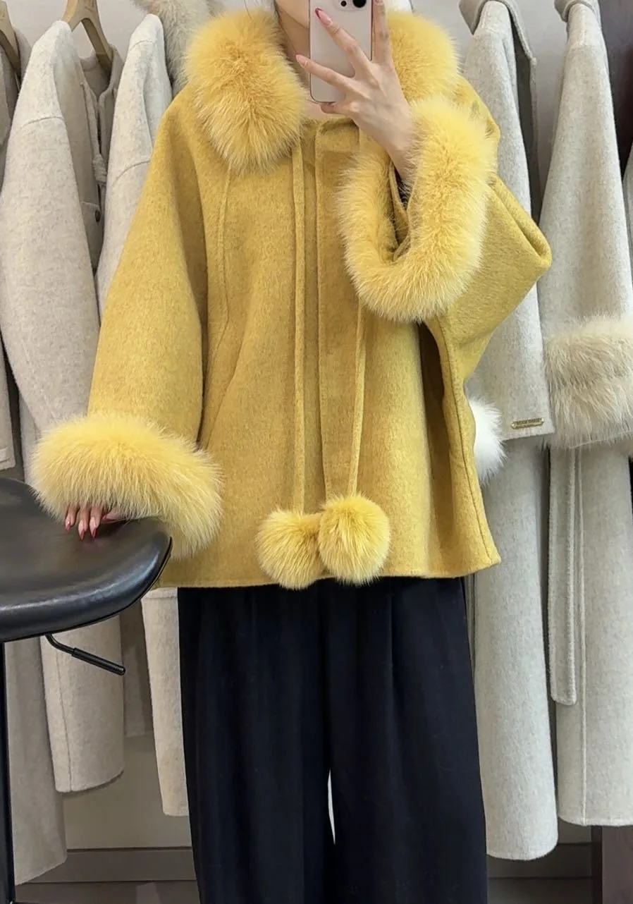 OFTBUY Women's Short Wool Coat Real Fox Fur Collar Cuffs Pom Pom Drawstring Woolen Clothing New Winter Warm Elegant Outerwear