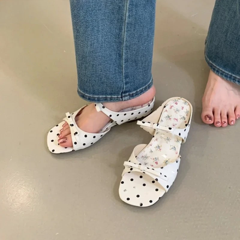 New Summer Butterfly-knot Polka Dot Women Slippers Elegant Open Toe Mid Heel Shoes Ladies Outdoor Daily Wear Dress Slides - view 2