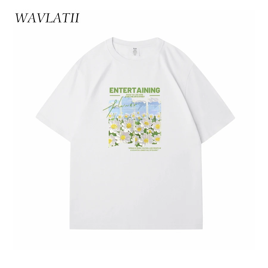 WAVLATII New Women Yellow Flower Printed T shirts Female Casual Cotton Soft Tees Lady Green Short Sleeve Tops for Summer WT2402