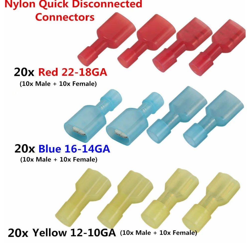 

60 шт. мужской и женский нейлоновый разъем для электрической проводки, изолированный обжимной терминал, лопатка, красный, синий, желтый, MDFN FDFN