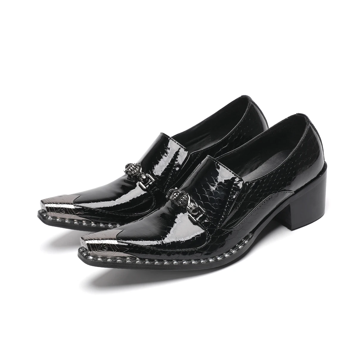 

British Black Patent Leather Formal Dress Shoes for Men Plus Size Party Loafers Male Metal Pointed Toe Business Brogue Shoes
