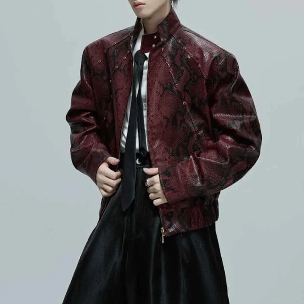 Mens Autumn Jacket Python Texture Jewel Embellished Jacket Streetwear Fashion Nightclub Cropped Top Men'S Clothing 2025 New