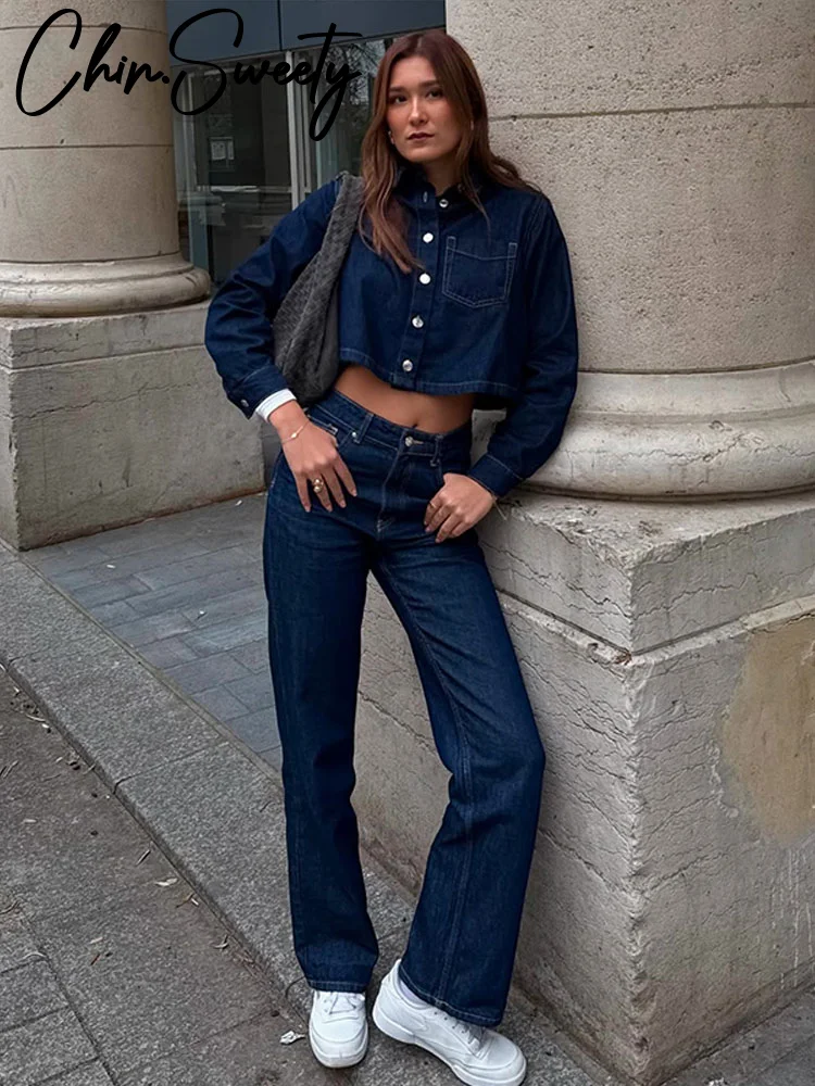 

2025 модные джинсовые комплекты из 2 предметов для женщин, однобортный топ с длинными рукавами и лацканами, прямые брюки с высокой талией, весенние женские наряды