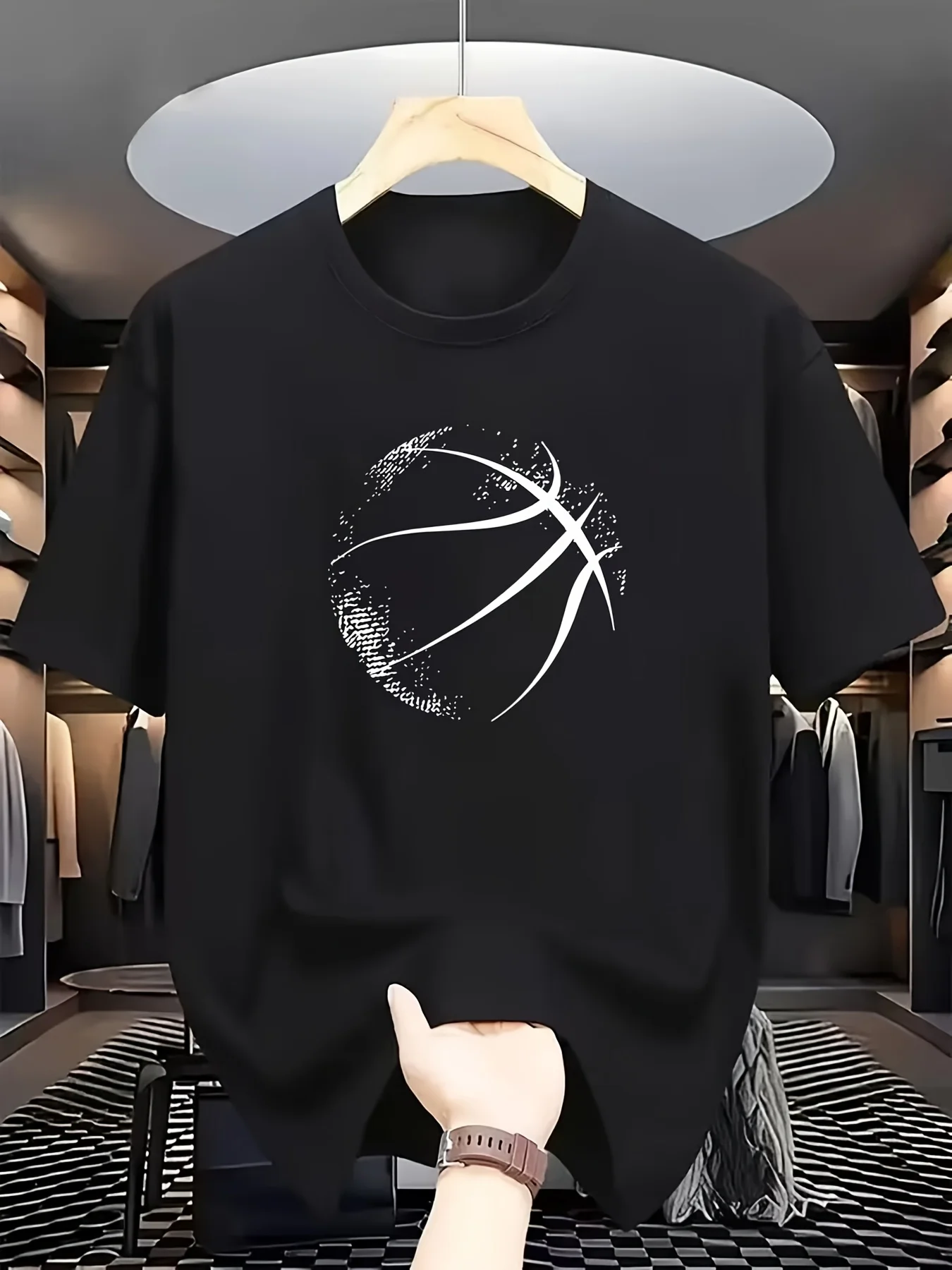 Elegant Round-Neck T-Shirt with a Basketball Pattern Print, Made from Slightly Stretchy Knit Fabric, Comfortable And Breathable