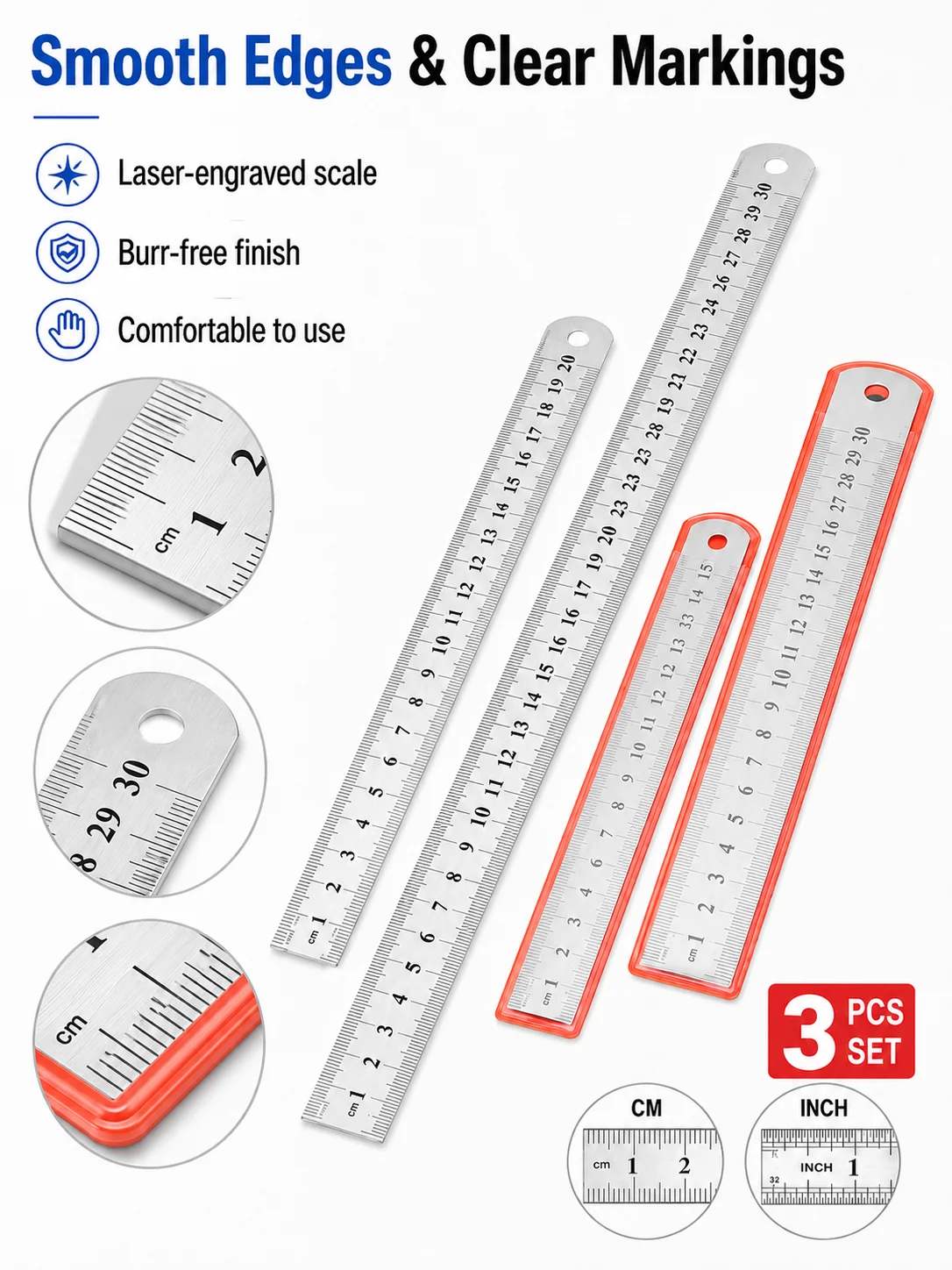 3Pcs Stainless Steel Ruler Set 15cm 20cm 30cm Double Sided Metal Rulers with Protective Sleeves for School Office