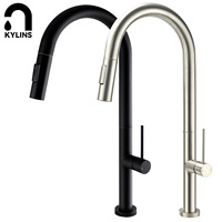 KYLINS Pull Out Kitchen Faucet Tap Two Function Single Handle Swivel Sink Tap Faucet Spout Brushed Nickel Matt Black Round