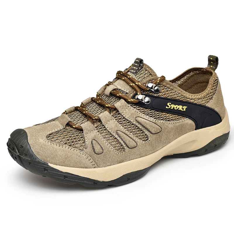 HIKEUP-Sapatos de montanhismo masculino, couro genuíno, sapatos de malha ao ar livre, respirável, confortável, esportes casuais, tênis de caça