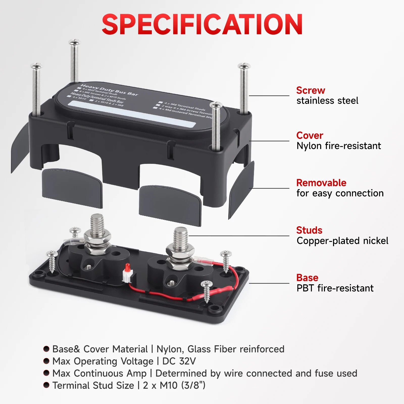 

Universal M10 300A 12‑48V Heavy Duty Power Distribution Block Module ABS shell Design Marine Bus Bar for Truck for Boat for Car
