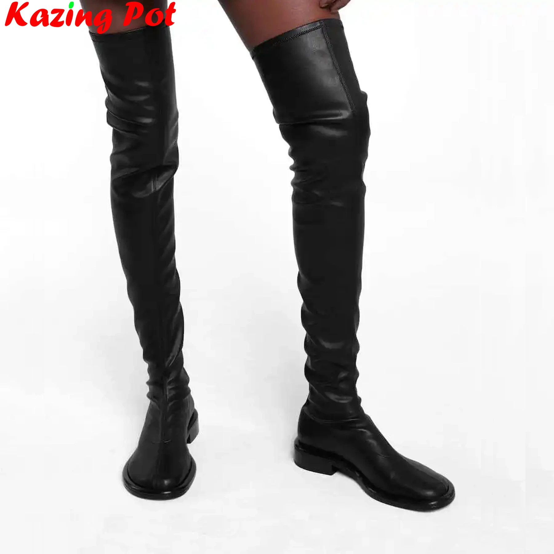 Krazing Pot Large Size 43 44 45 Microfiber Round Toe Chunky Med Heel Stretch Boots Winter Shoe Brand Fashion Over-the-knee Boots