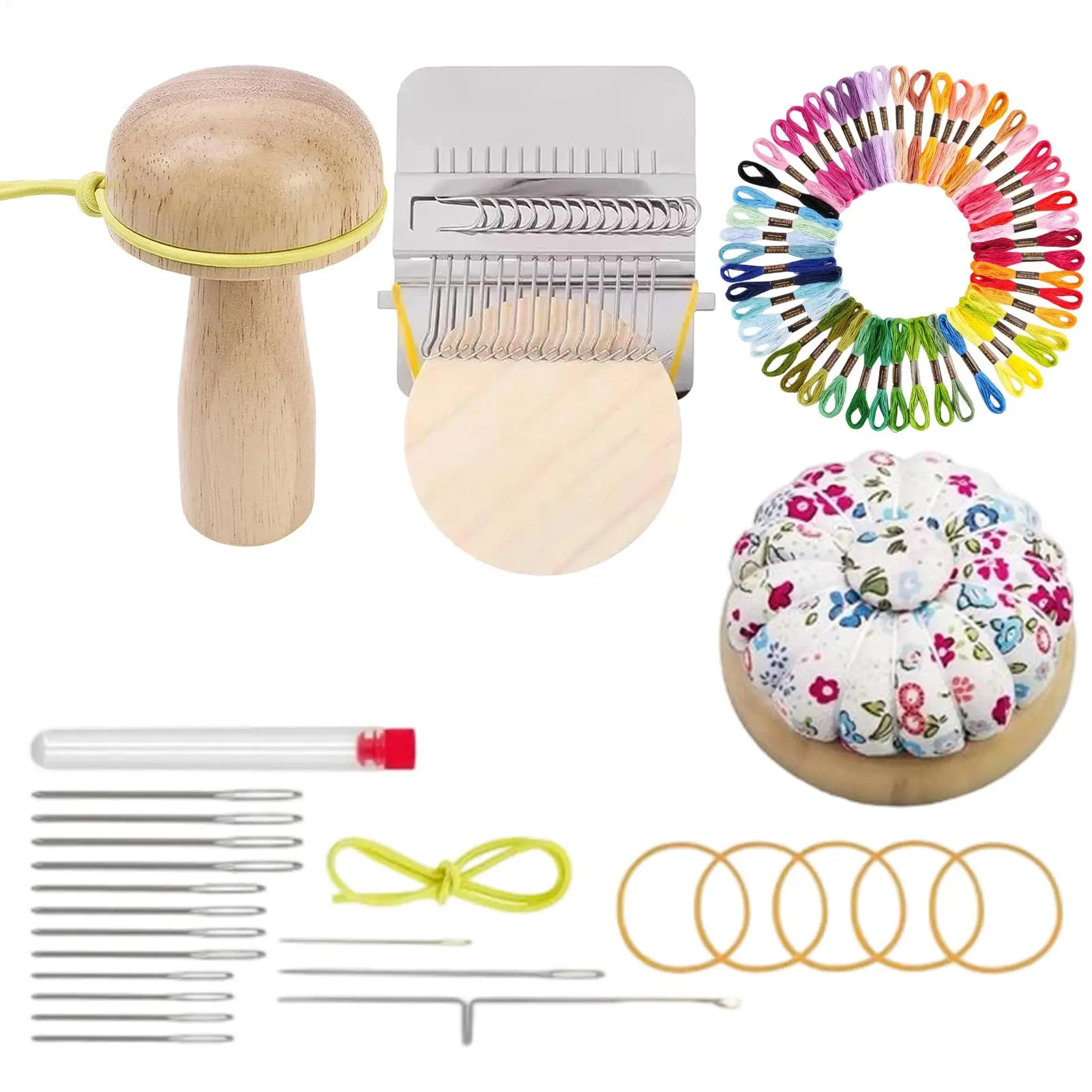 Darning Loom Mushroom Knit Patch Kit w/ 14 Hooks Small Weaving Loom 14Pcs Large Eye Needles 50/100 Color Threads for Beginner