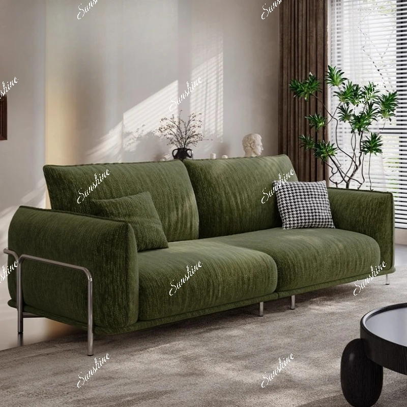 Retro fabric sofa, green chenille straight row four-person sofa removable and washable