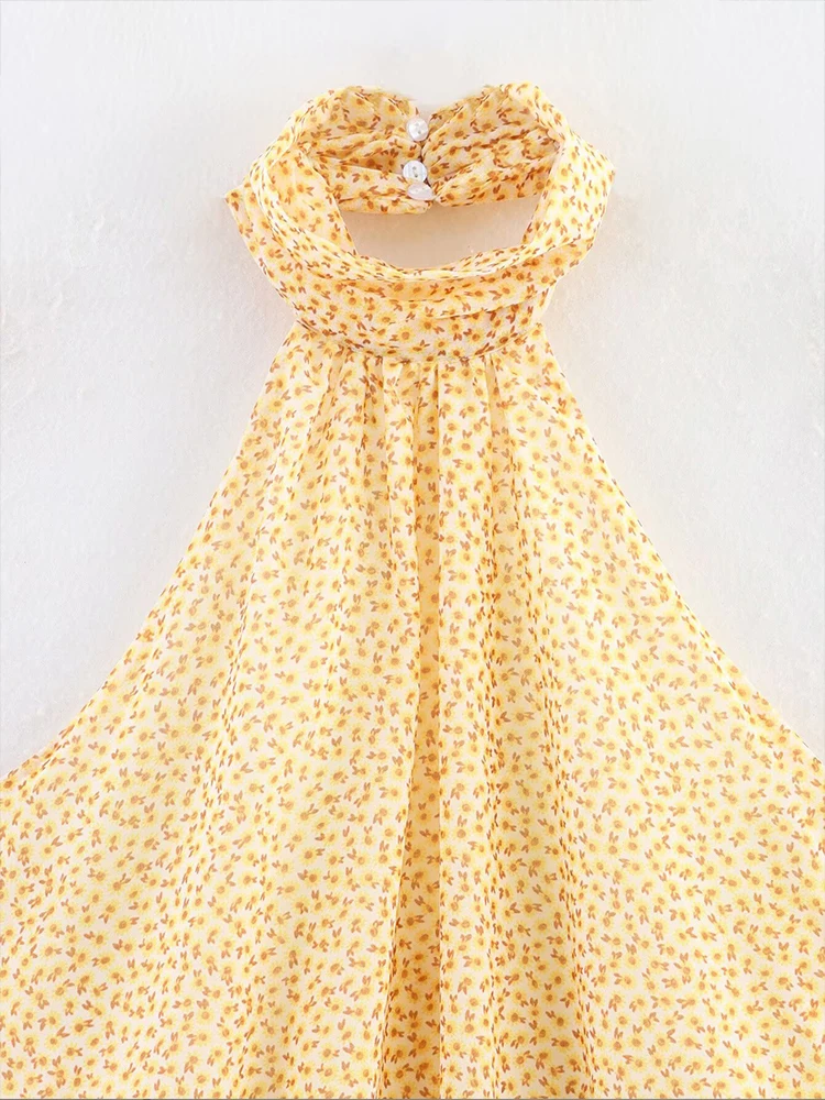 Estilo europeu nova moda feminina versátil temperamento em camadas halter pescoço vestido estampado saia curta