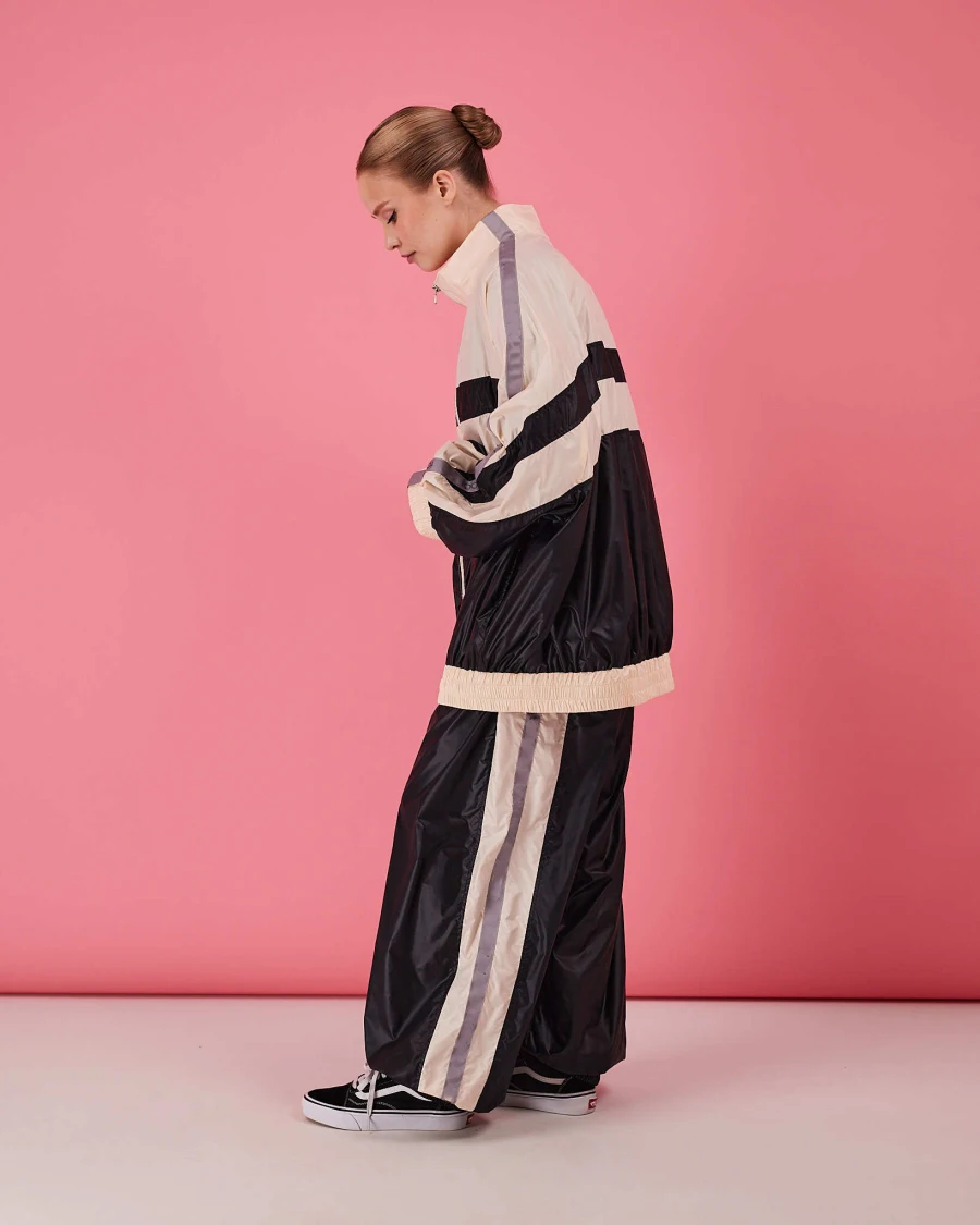 Women Acetate Satin Tracksuit Stand Collar Zip Up Color Block Jacket Elastic Cuff Loose Wide Leg Pants CasualTwoPiece Outfit Set view 4