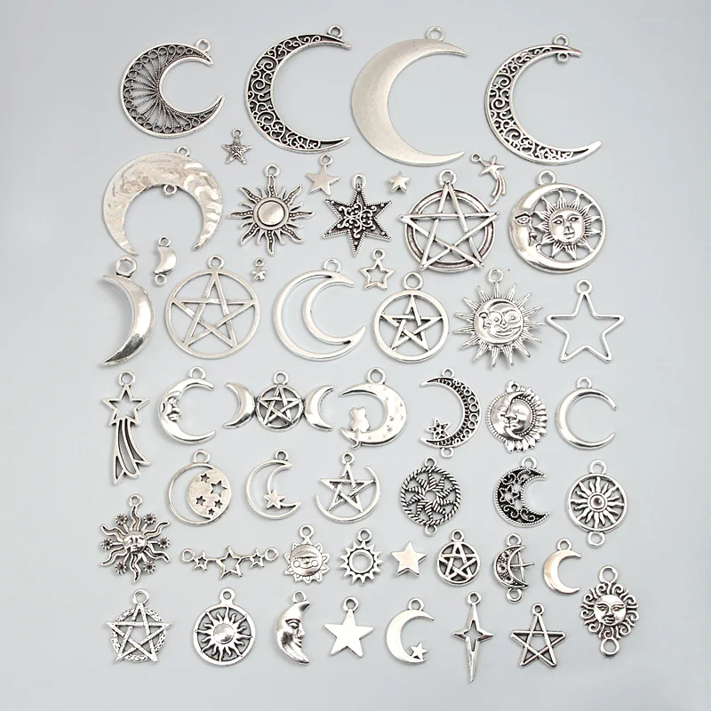 30pcs Random Mix Sliver Color Sun Moon Pentagram Charms Sky Star Pendants Jewelry Making DIY Handmade Craft Findings Accessories