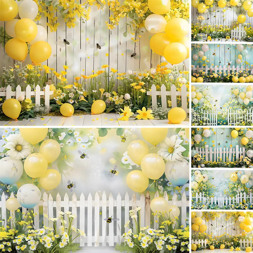 

Mocsicka Newborn Photography Backdrops Garden White Fence Bees Sunflowers Wooden Floor Baby 1st Birthday Photo Background Studio