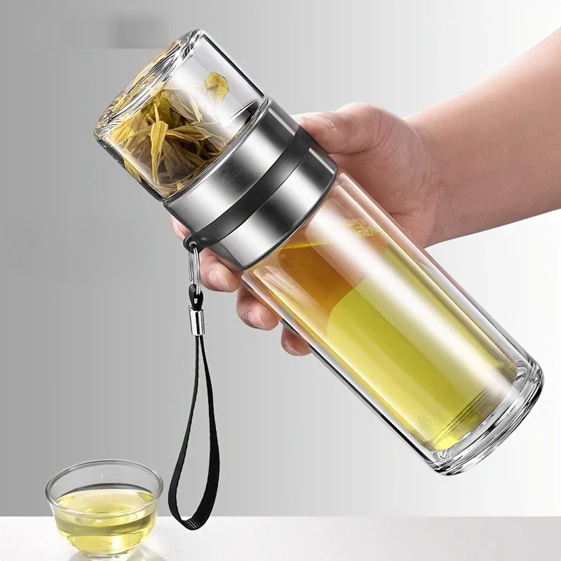 1pc Leakproof Double-Wall Insulated Glass Tea Soaking Bottle with Water Separation Compartment 350ml/450ml/500ml Reusable Travel
