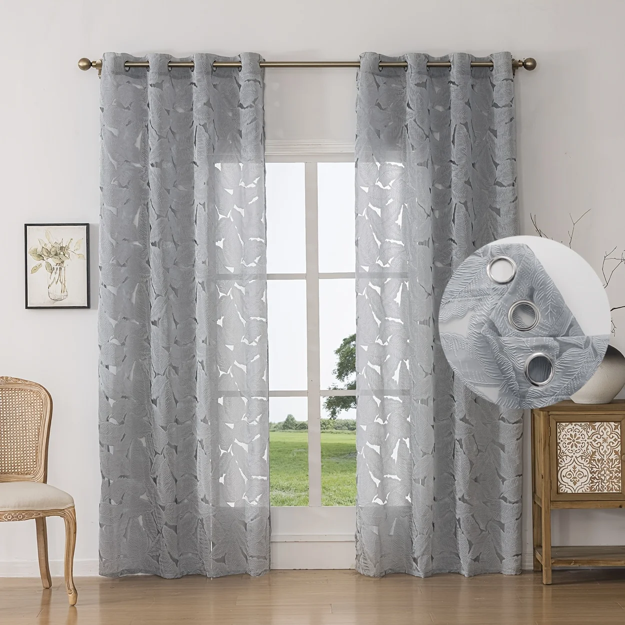 1pc Grey Feather Pattern Sheer Curtain Textured Voile Light Filtering Drapes for Living Room Bedroom Home Decor