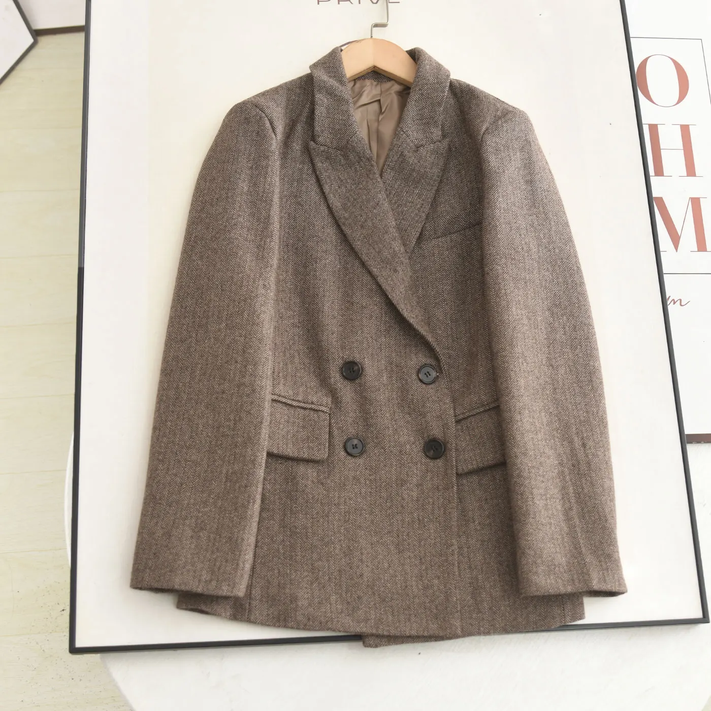 

Повседневный шерстяной костюм McSystem! Винтажное двубортное шерстяное пальто приталенного кроя с узором плетения для женщин