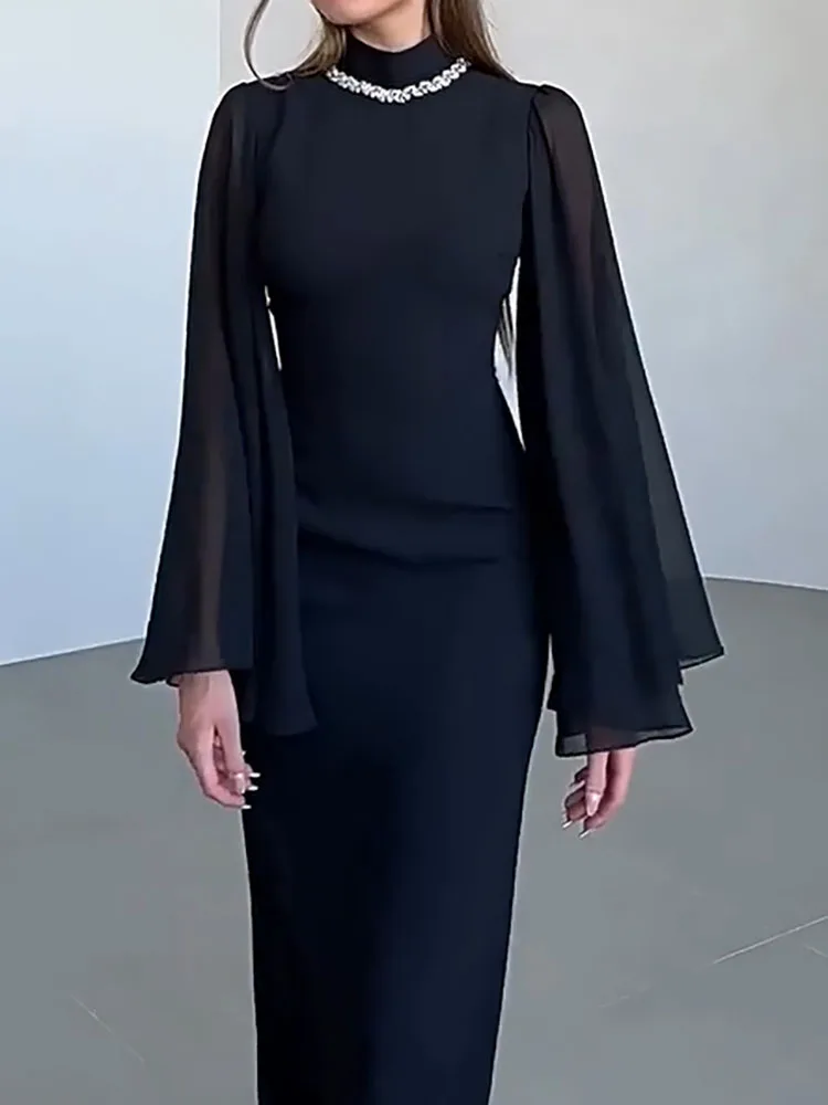 Women's O Neck High Waist Straight Maxi Dress Elegant Slim Fit Solid Prom Dress Autumn Temperament Long Sleeved Women's Dress