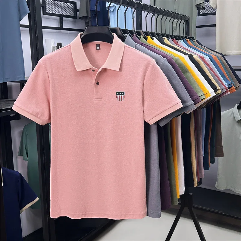 Men's Summer Luxury 100% Cotton Polo Shirt, Lapel Print Short Sleeve T-shirt, Breathable Business Casual Menswear