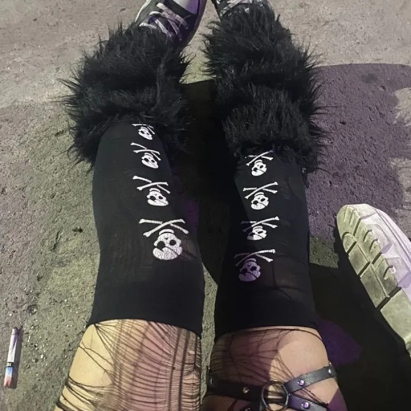Gothic Cosplay Skull Print Fashionable Street Wear Y2K Style Retro Harajuku White Punk Knee High Socks Retro 2000s Emo Girl view 6
