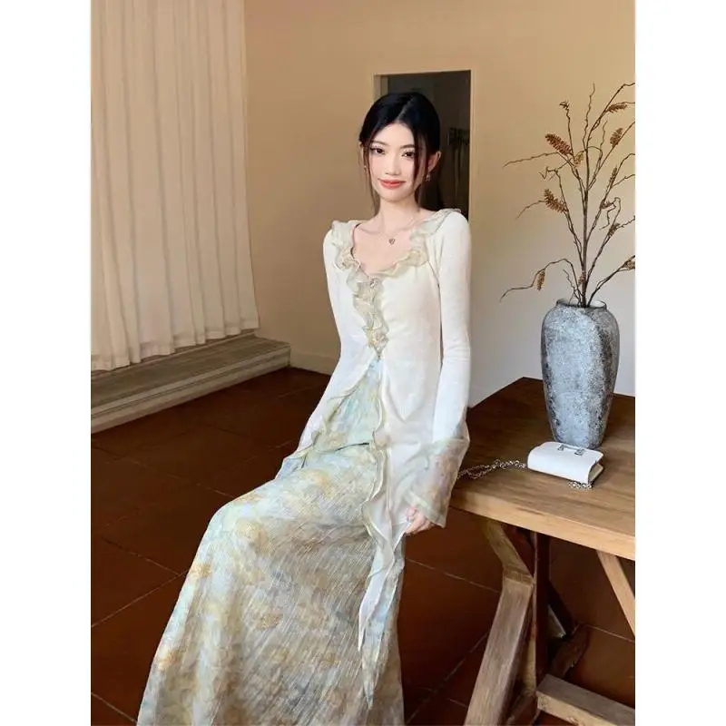 Women's Two Piece Set Ruffle Trim Knit Cardigan & Floral Print Maxi Skirt Elegant Fairy Style Outfit Spring Summer Casual Daily