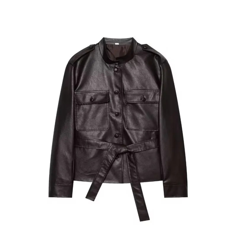 Women's Faux Leather Jacket, Stand Collar Belted Crop Coat with Chest Pockets, Casual Short Jacket for Fall