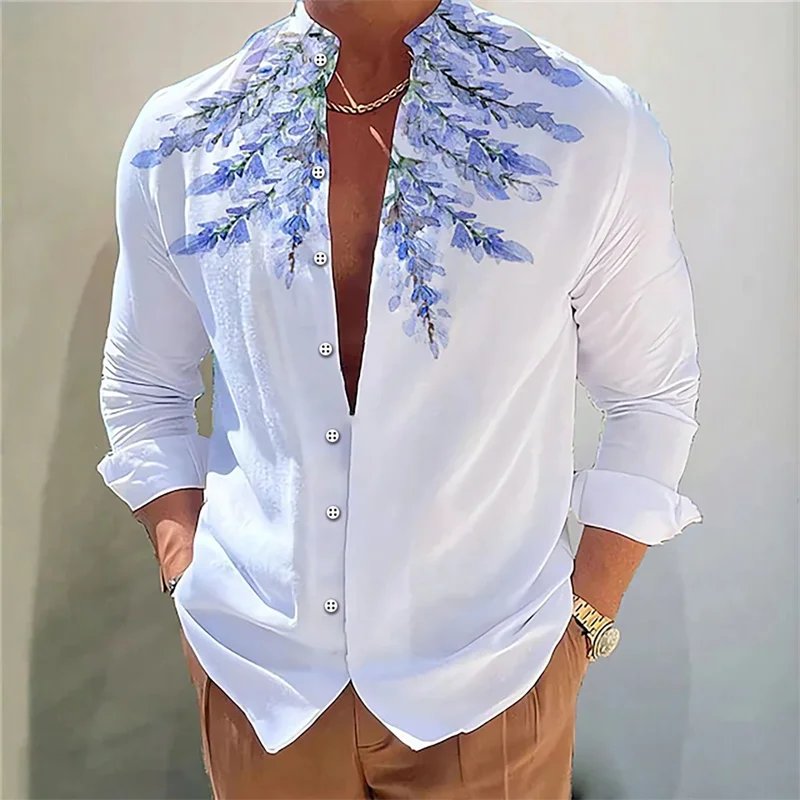 

2024 men's shirt 3D printed casual daily outdoor street standing collar long sleeved shirt fashionable and comfortable