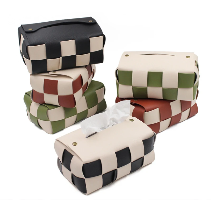 Checkerboard Woven Tissue Box Waterproof PU Leather Tissue Storage Box Square Car Tissue Organizer Desktop Home Decoration