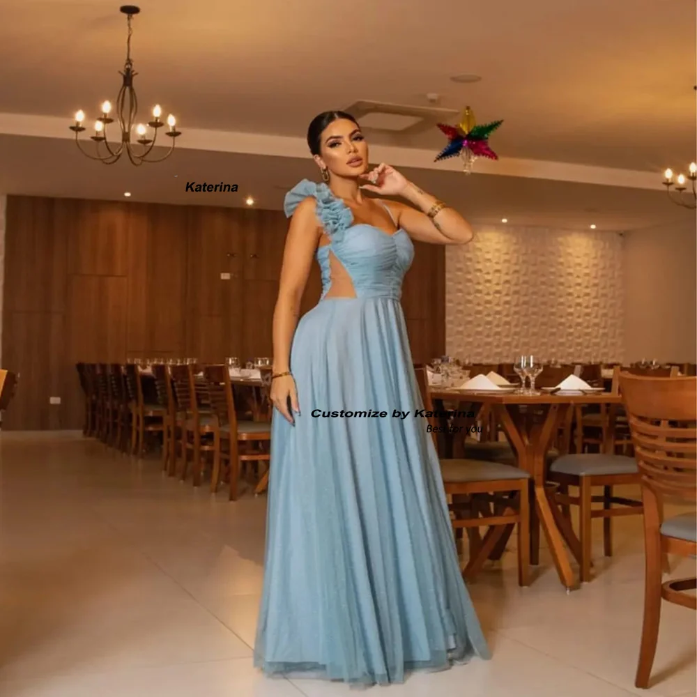 Katerina A Line Tulle Long Prom Evening Dresses One Shoulder Bowknot Floor Length Women Wedding Party Dress Formal Gown