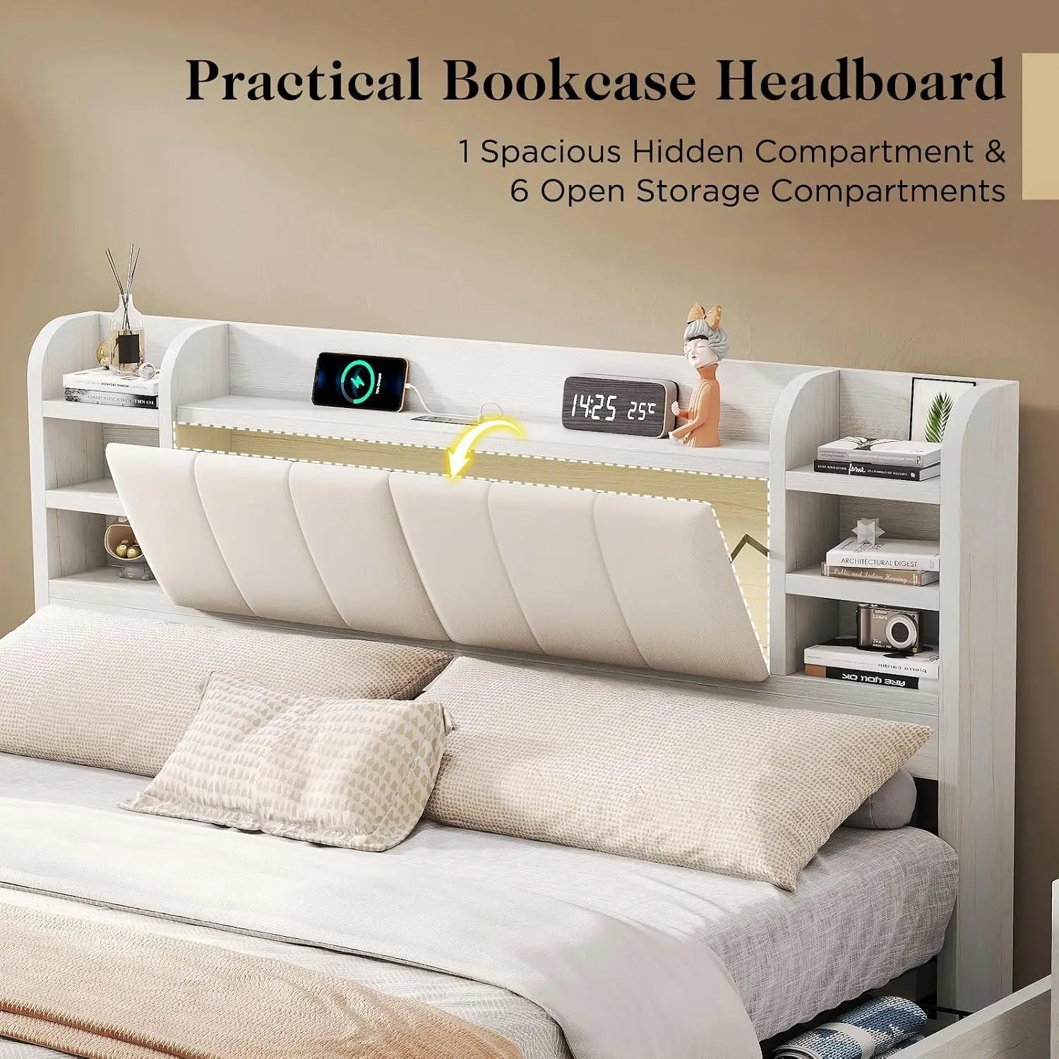 キングサイズ布張りプラットフォームベッド、本棚付きヘッドボー - King Size Bed Frame With Storage Drawers のレビューと価格