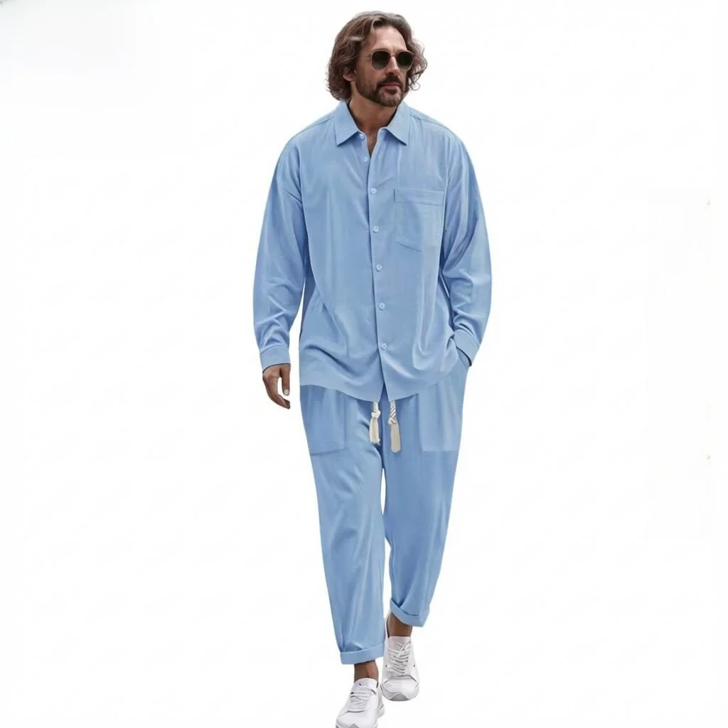 

Мужской комплект из хлопка и льна: свободная рубашка с длинным рукавом и длинные брюки, модная одежда для осени и весны.