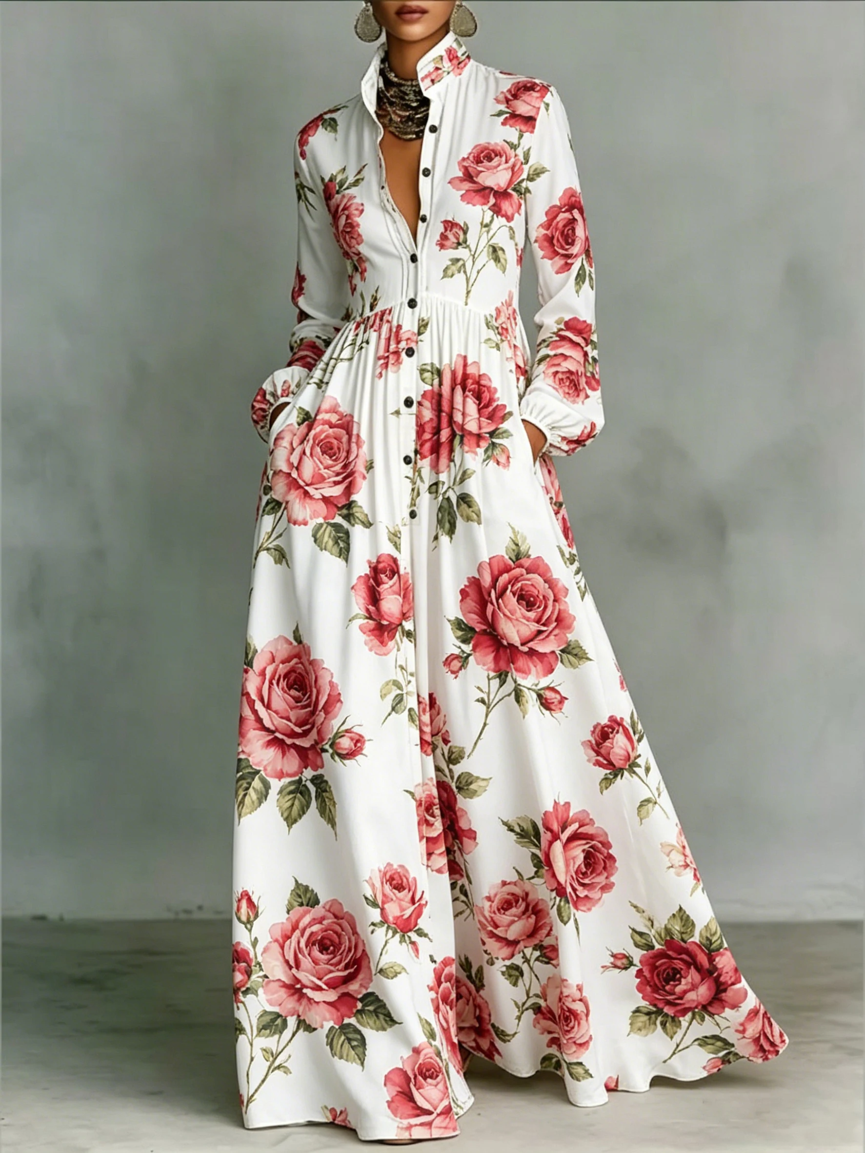 

Women Rose Floral Print Maxi Dress Stand Collar Long Sleeve Button Down High Waist Casual Office Shirt Dress with Pocket