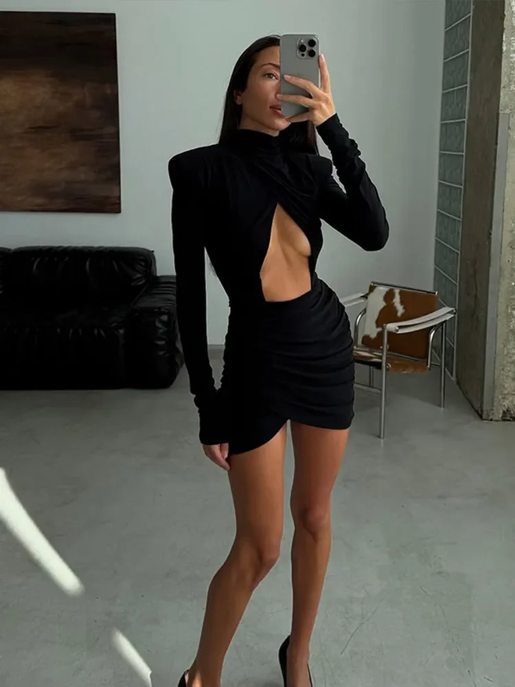 Mini robe noire ajourée pour femmes, manches longues, Sexy, col haut, Slim, ligne a, robes de soirée, de Club, automne 2025