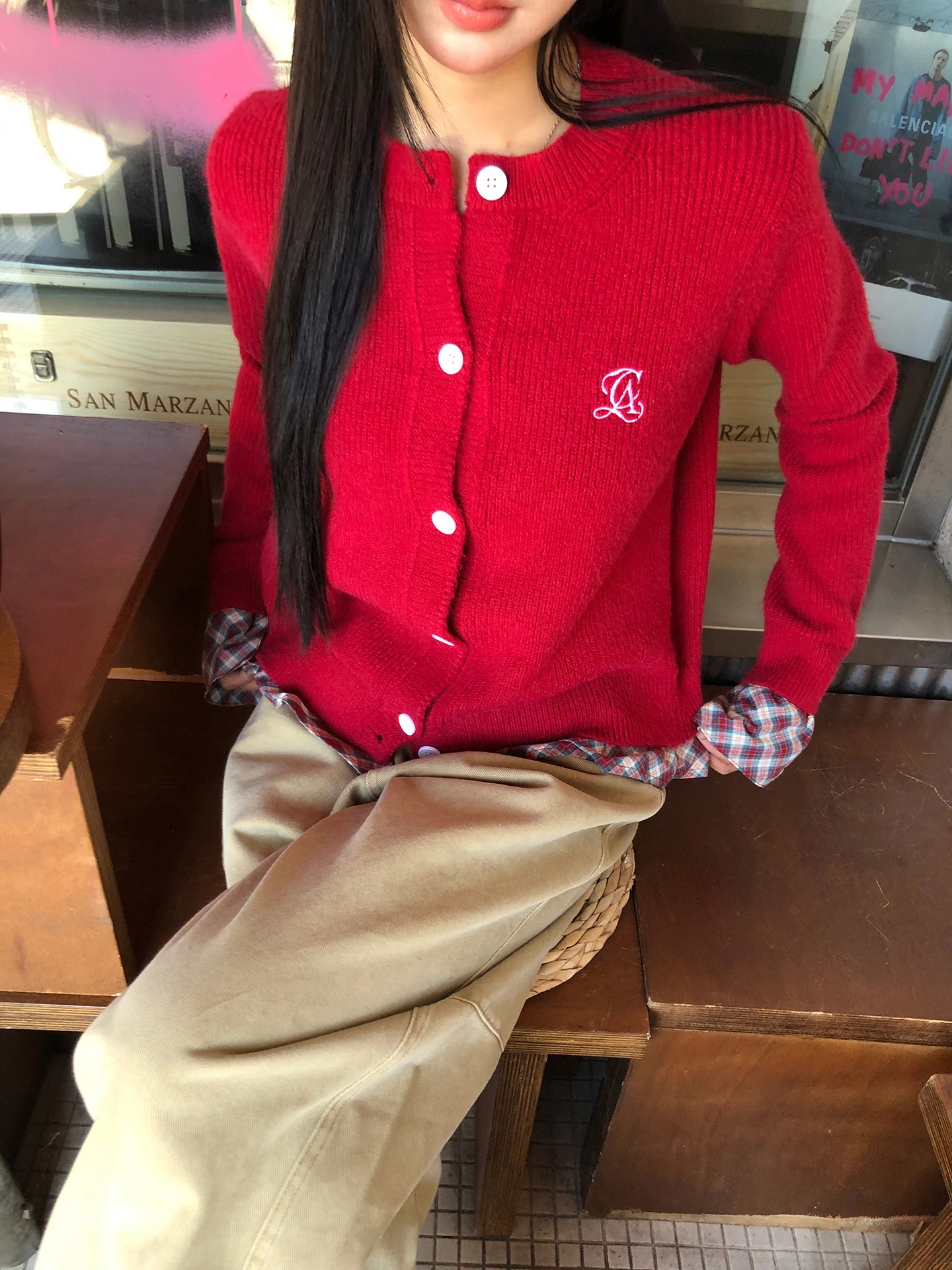 

Красный вязаный открытый кардиган, женский корейский костюм ранней осени, топ, красный искусственный двухсекционный элегантный свитер, повседневный джемпер