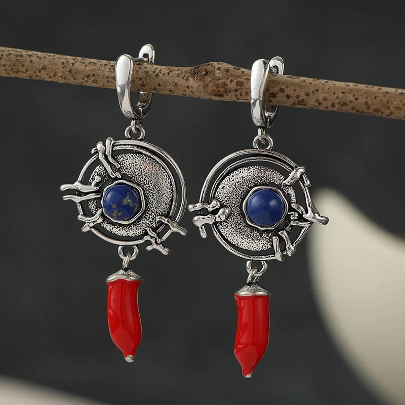 Ethnic Tribe Style Synthetic Lapis Lazuli Textured Dangle Earrings Women's Vintage Elegant Festival Vacation Jewelry Accessories