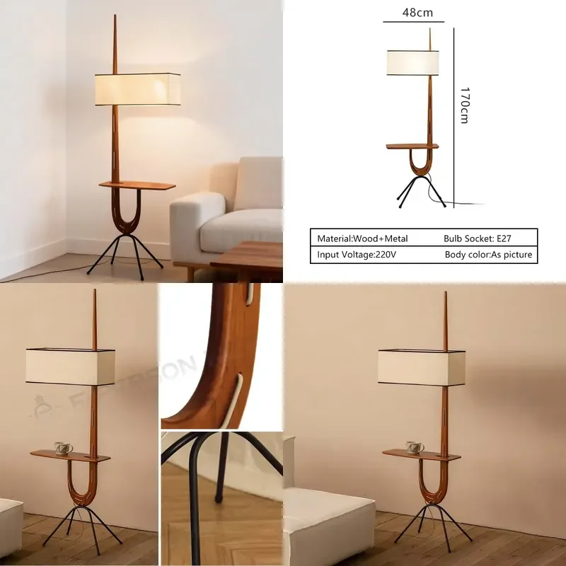 Modern Wooden Floor Lamp with Integrated Shelving and Fabric Shade Multifunctional Tripod Stand Up Light for Living Room