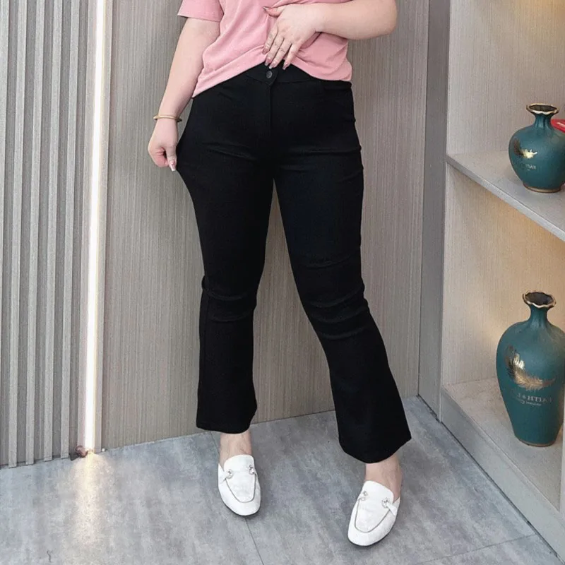 2024 Summer New Micro Flare Pants Women's Plus Size High Waist Stretch Thin Black Casual Ankle-Length Bottoms