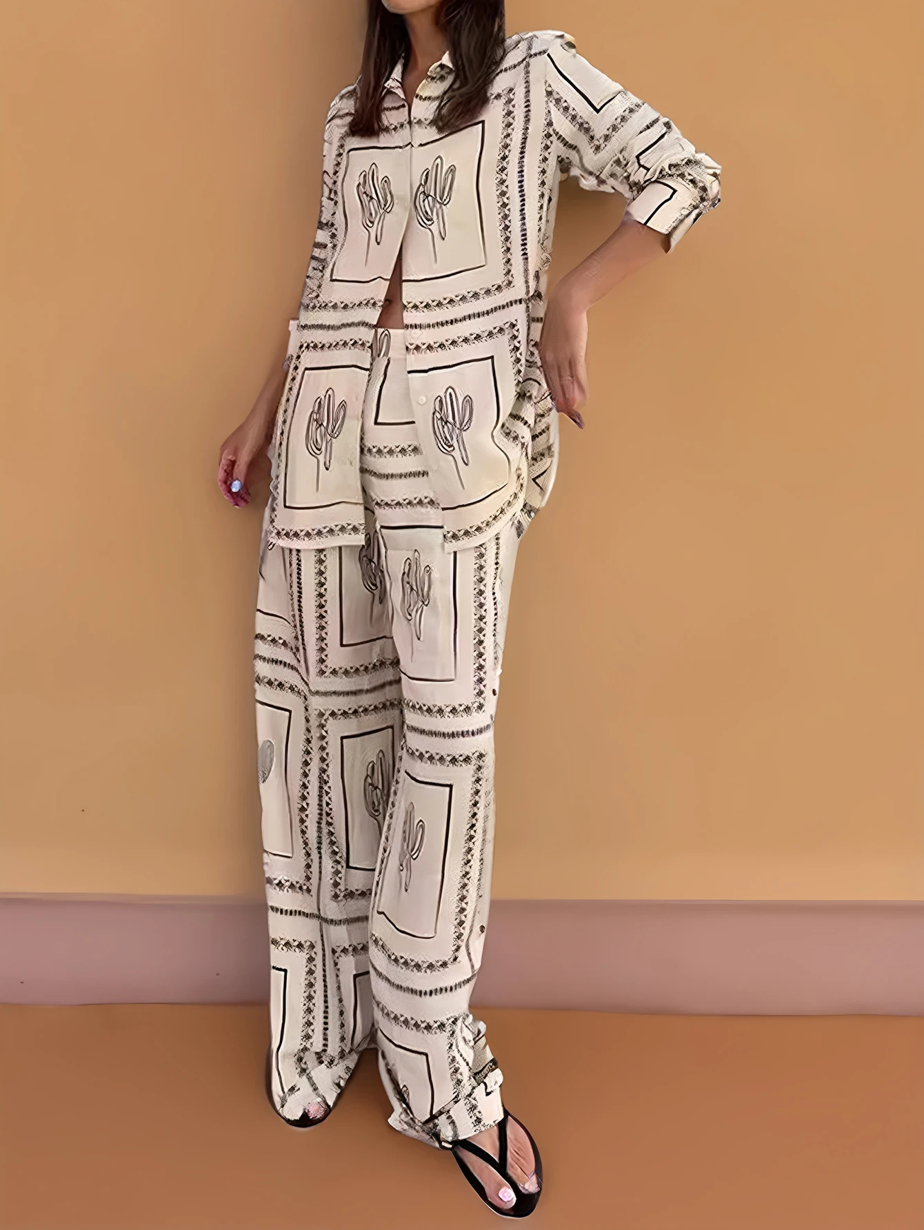 Conjunto de camisa e calças de manga comprida com estampa xadrez feminina botão frontal roupa casual calças de comprimento total outono roupa diária