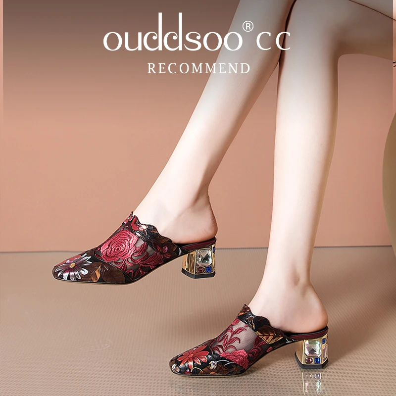 

Ods Printed Sandals New Summer New Slippers Thick-heeled Popular High-heeled Slippers Sexy All-match Half-slippers Women Toe 43