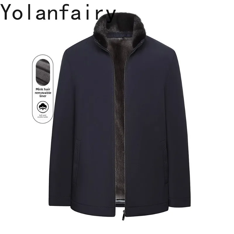 YOLANFAIRY Real Fur Parkas Men's Detachable Whole Mink Fur Liner Jacket for Man Winter Stand Collar Warm Natural Fur Coat Parka