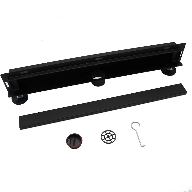 

Modern Wall Linear Shower Drain SS304 Black 600mm Vertical Outlet with Bathroom Filter Invisible Cover Tile Insert
