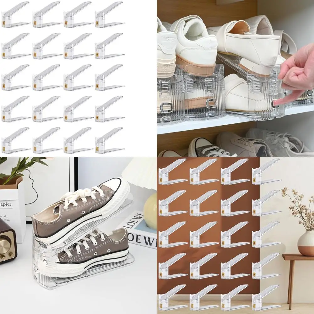 

20-Piece Adjustable Shoe Stackers for Space-Efficient Storage in Various Spaces - Transparent Gold Double Deck Organizer