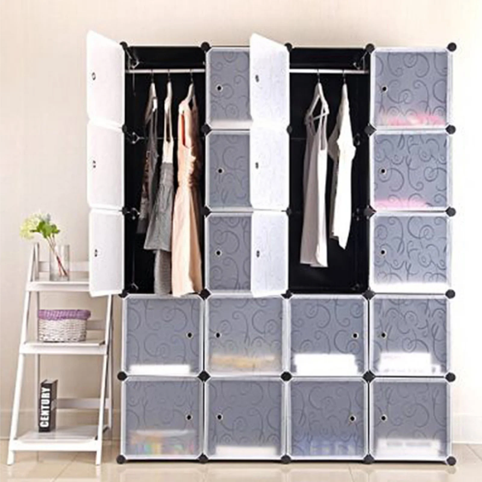Armoire à chaussures, armoire de rangement, armoire 20 cubes avec 2 porte-vêtements, armoire pliante empilable, pour vêtements de chambre à coucher