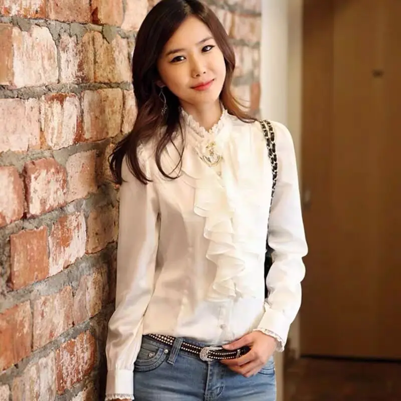 Korean Chic Bow Tie Collar White Blouse Ruffle Palace Victoria Female Shirt Elegant Stylish Trendy Tops Satin Silk Office Blusas