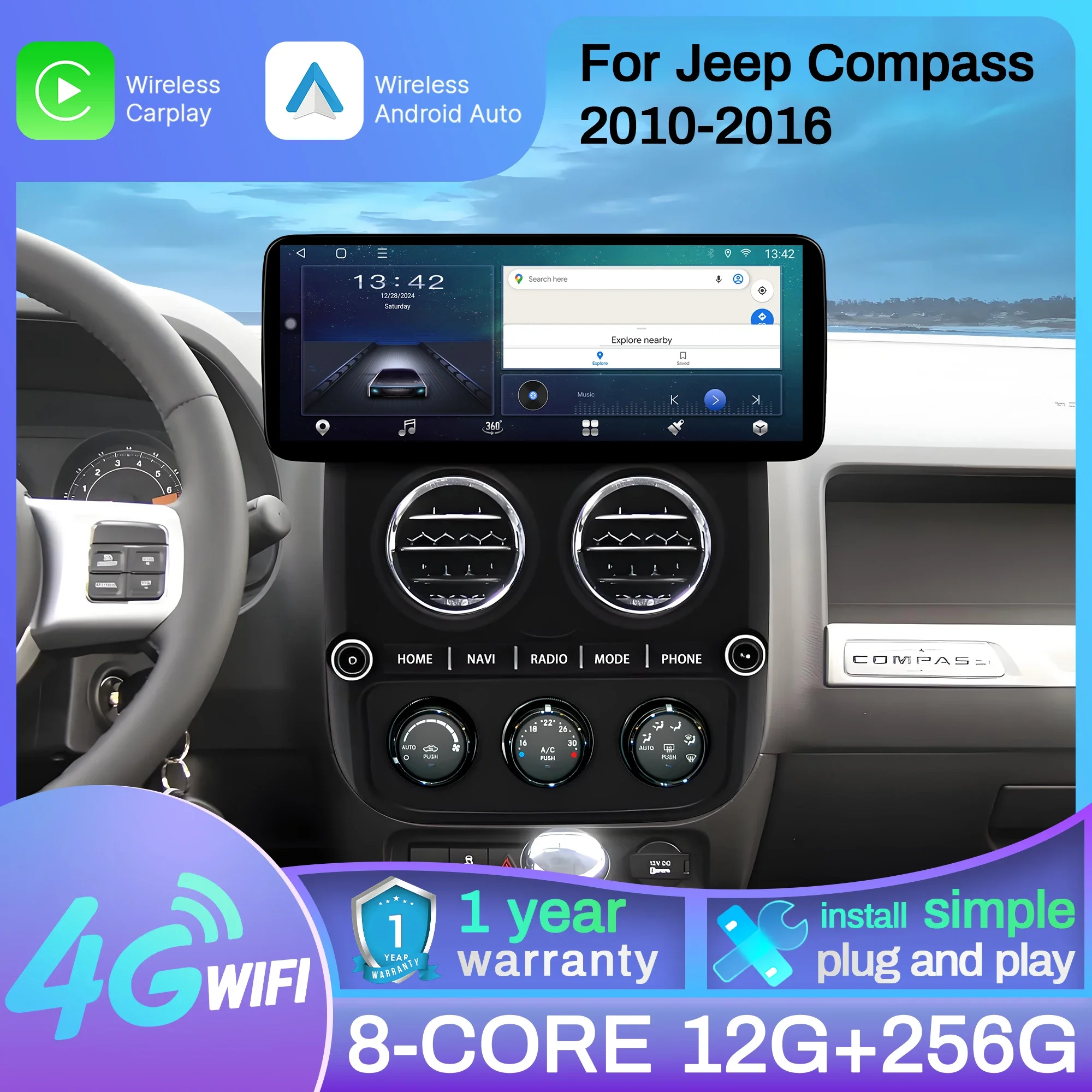 12.3 inch Car Radio Android 15  For Jeep Compass 2010-2016 Wireless Bluetooth Carplay Multimedia Navigation Head Unit Screen
