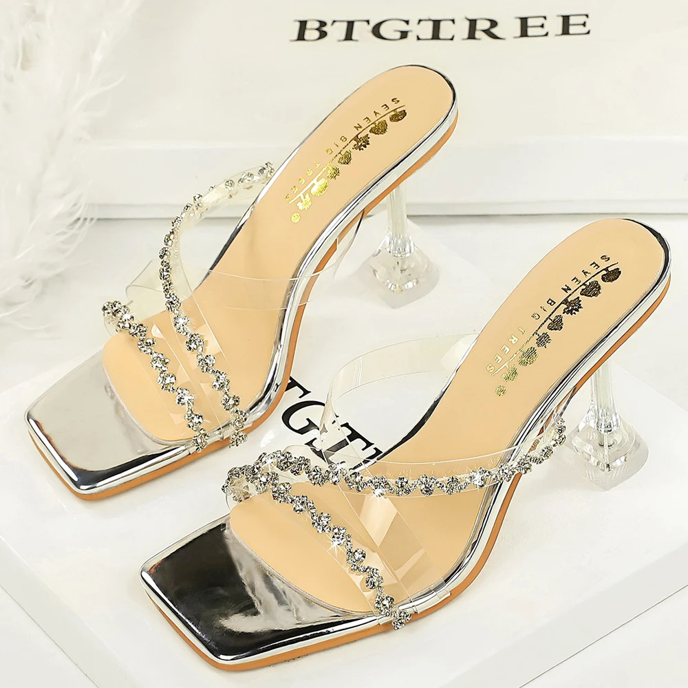 Luxury Women High-Heeled Sandals Summer Rhinestone Design Women Sandals Square Toed Sexy Slippers Transparent Tape Women Pumps